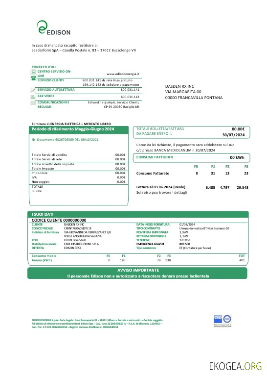 Modèle de facture de services publics d'entreprise Italie Edison aux formats Word et PDF, bon pour prouver l'adresse